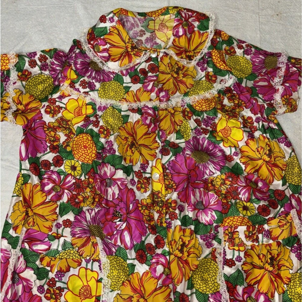Vintage 70's House Coat Dress HandMade Pockets Floral Colorful  Hawaiian CH
